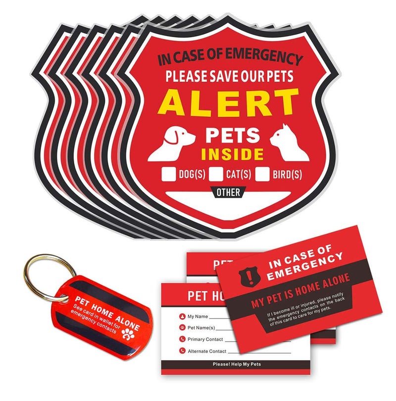 WINGKIND Pet Alert Stickers - in Case of Emergency Pets Rescue Stickers Static Cling Window Decals (6 Pack), Pet Home Alone Wallet Cards, Key Tag - NO Adhesive, Removable, UV Resistant - Image 1